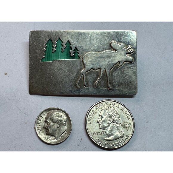 Estate Sterling Silver Moose & Pine Tree Malachite Inlay Rectangular Brooch Pin - Picture 6 of 8